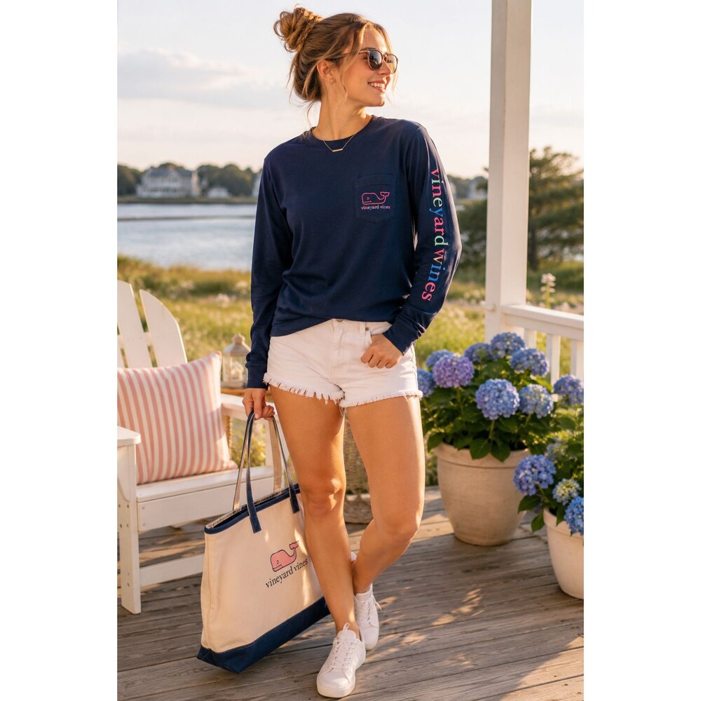 NWT Vineyard Vines Whale Logo Long Sleeve Pocket Tee Navy Size Large Preppy